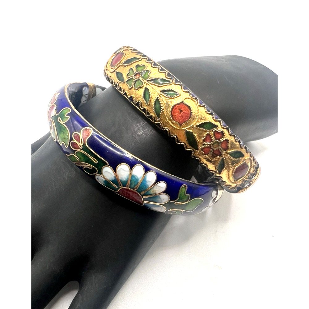 LOT of 2 Cloisonne Hinged Bangle Bracelets Enamel w/ Gold Trim Blue Floral